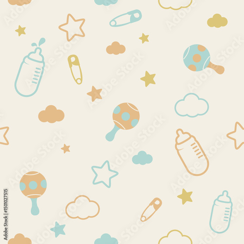Baby seamless background, cute texture for newborn, kids bedding, fabric, wallpaper, wrapping paper, or textile. Cute style repeating pattern in beige neutral pastel colors. Vector illustration
