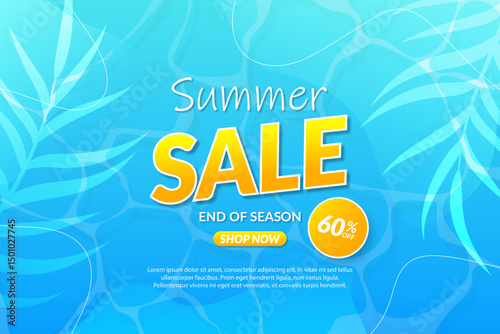 Summer sale vector design with water background and palm leaves