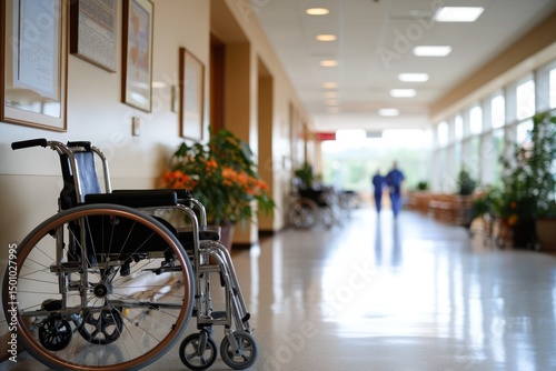 Wheelchair in hospital hallway medical assistance equipment and health facility