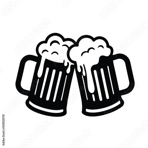 a black and white drawing of a glass of beer, Isolated Black Beer Mug with Frothy Head
