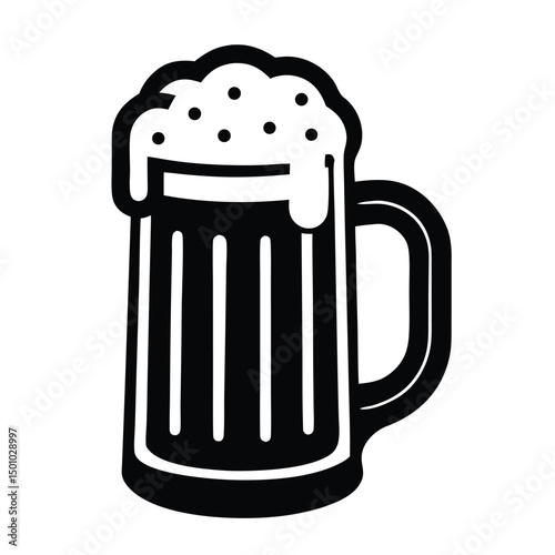 a black and white drawing of a glass of beer, Isolated Black Beer Mug with Frothy Head