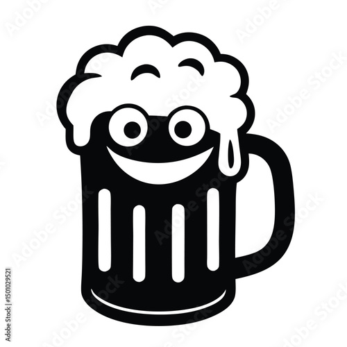 a black and white drawing of a glass of beer, Isolated Black Beer Mug with Frothy Head