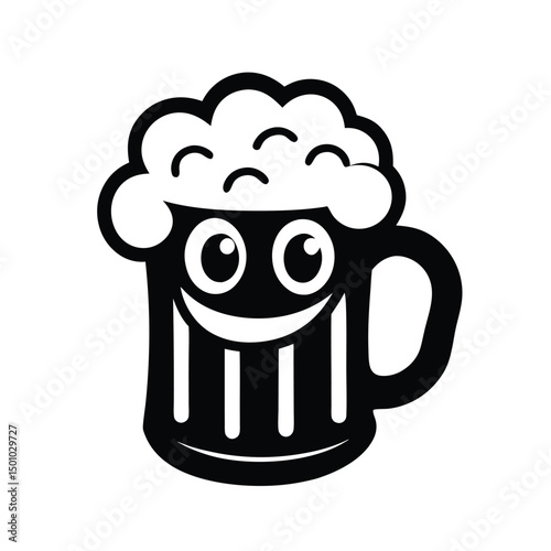 a black and white drawing of a glass of beer, Isolated Black Beer Mug with Frothy Head