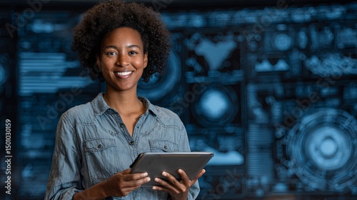 Smiling Black Woman Holding Tablet with Dashboard
