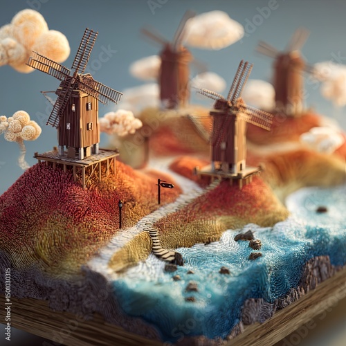 Miniature Windmill and Boat Model on Hill