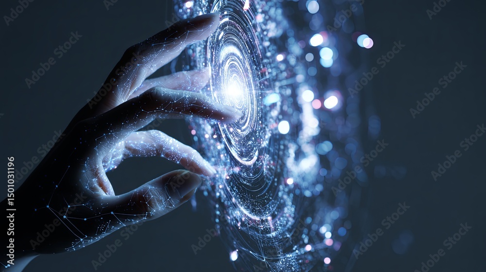 Naklejka premium Enigmatic Woman Holding Illuminated Glass Ball in Metaverse