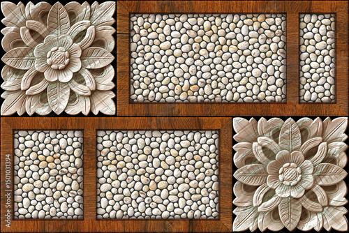 Fototapeta Naklejka Na Ścianę i Meble -  Home decorative 3d elevation wall tiles design, Seamless Ceramic Tiles Designs, Seamless Ceramic Wall tiles design Natural Stone Bricks wallpaper design Home decorative 3d elevation Background.