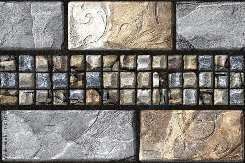 Fototapeta Naklejka Na Ścianę i Meble -  Home decorative 3d elevation wall tiles design, Seamless Ceramic Tiles Designs, Seamless Ceramic Wall tiles design Natural Stone Bricks wallpaper design Home decorative 3d elevation Background.