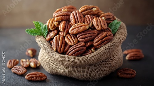 Nutty sack A burlap bag filled to the brim with a heap of pecans