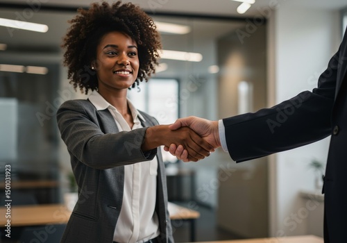 Business Handshake Between Two Professionals Smiling in Office Realistic Photo