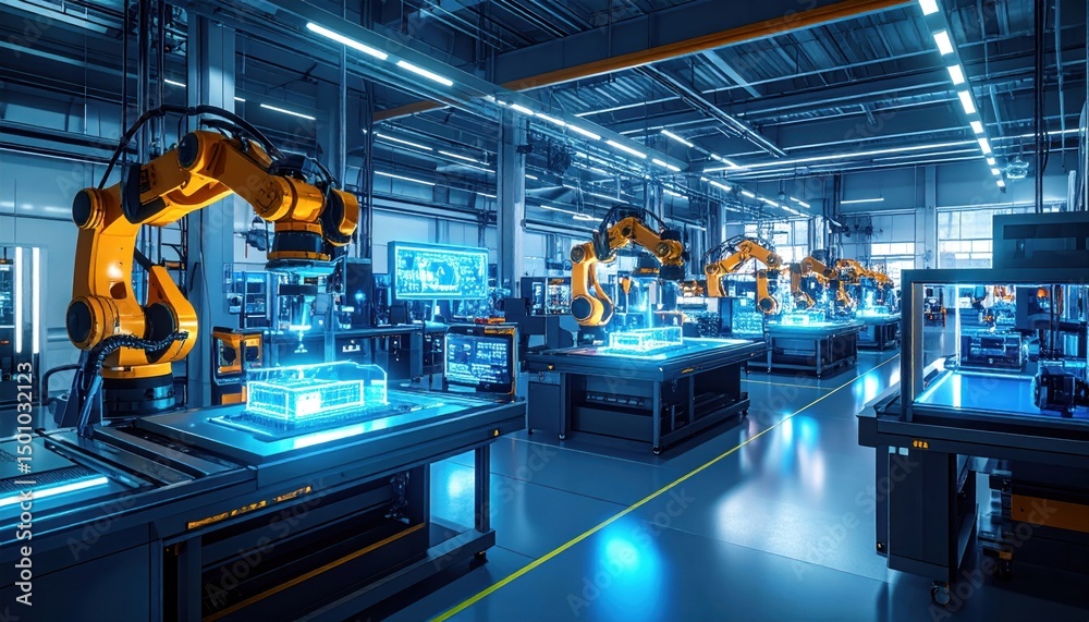 Naklejka premium Factory floor with robotic arms operating on lit workbenches, overhead lighting, clean