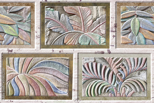 Fototapeta Naklejka Na Ścianę i Meble -  Home decorative 3d elevation wall tiles design, Seamless Ceramic Tiles Designs, Seamless Ceramic Wall tiles design Natural Stone Bricks wallpaper design Home decorative 3d elevation Background.