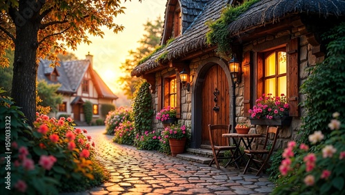 Сozy village on a summer evening with hobbit-style houses with glowing windows and lanterns at the doors, a table with fruits and chairs