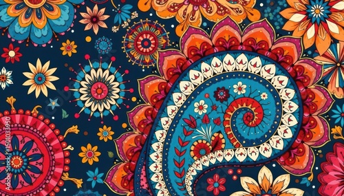 Bold, stylized paisley print with sharp lines and contrasting colors , print, art