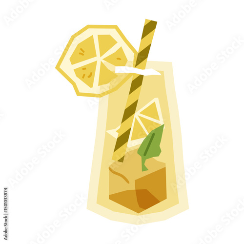 Lemon Drink in Glass Illustration. Summer refreshment with straw, ice, and citrus slice on white background.