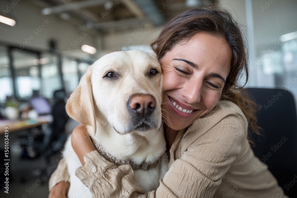 © wang - Happy businesswoman embraces her Labrador therapy dog and having fun in office. High quality © wang - Happy businesswoman embraces her Labrador therapy dog and having fun in office. High quality