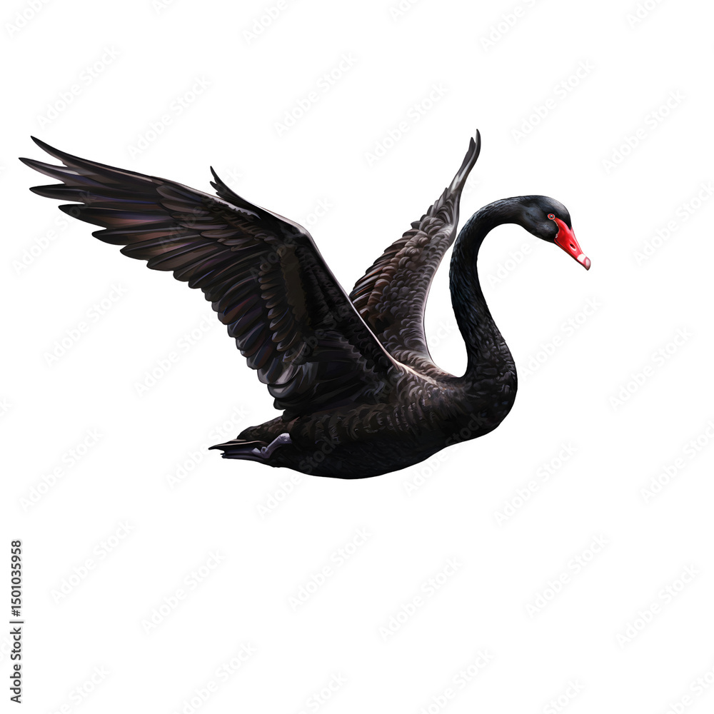 Fototapeta premium Elegant black swan in flight with red beak 