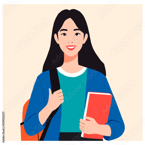 Vector illustration of a smiling student with a backpack and notebook in her hand. Education, youth, and learning concept. Light background, modern flat style.