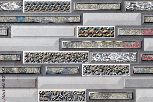 Fototapeta Naklejka Na Ścianę i Meble -  Home decorative 3d elevation wall tiles design, Seamless Ceramic Tiles Designs, Seamless Ceramic Wall tiles design Natural Stone Bricks wallpaper design Home decorative 3d elevation Background.