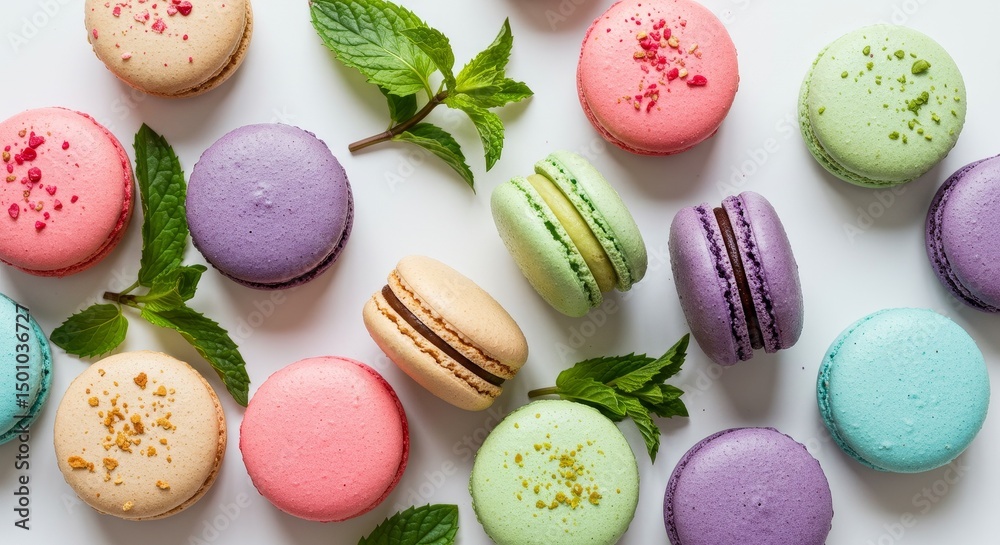 Fototapeta premium Colorful Macarons and Mint Leaves Arranged on a White Background Photo