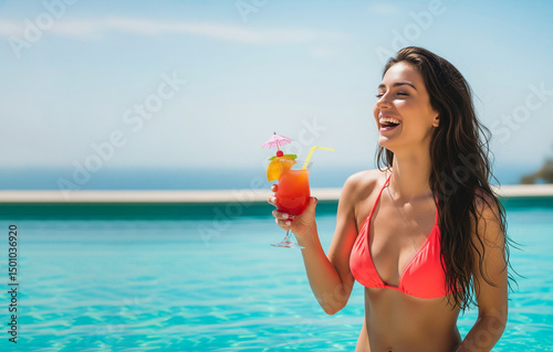 Joyful young woman in pink bikini enjoying tropical cocktail by the pool under sunny sky, with the ocean in background. Relaxation, summer vacation, and carefree lifestyle.