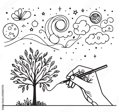 Hand Drawing Tree of Life: Surreal Line Art, Celestial Dreamscape, Creativity, Imagination, Artistic Expression, Nature Illustration