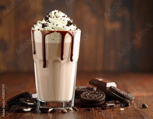 Glass of mocha milkshake with cookies and chocolate on wooden table  photo
