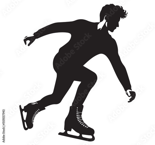Figure Skater Silhouette: Ice Skating Athlete in Action, Black and White Vector Graphic, Winter Sport Illustration