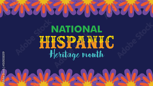 Hispanic heritage month. Vector web banner, poster, card for social media and networks. Greeting with national Hispanic heritage month text, Papel Picado pattern, perforated paper on blue background