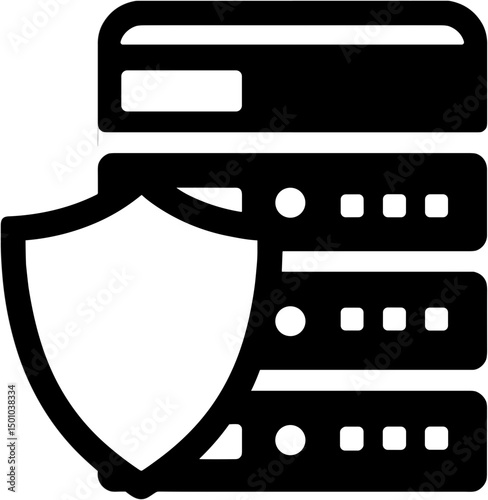 Data protection shield with server stack icon in flat style  