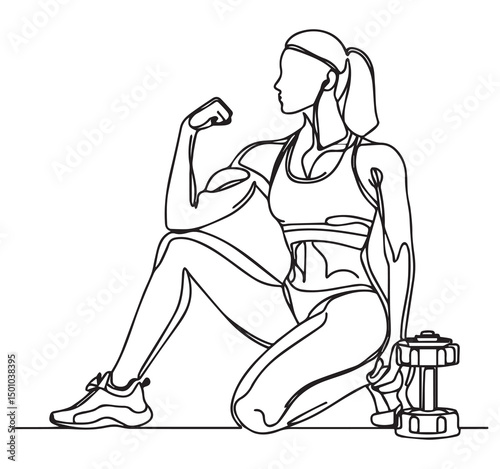 Strong Woman Flexing Biceps Single Line Art: Fitness Girl with Dumbbell, Continuous Line Drawing, Workout Motivation, Vector Illustration