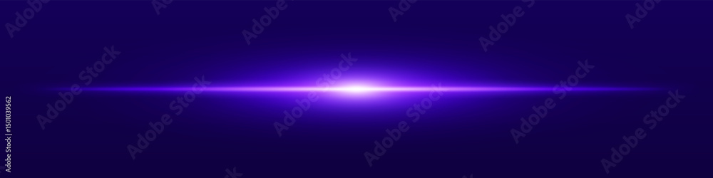 Purple light beam. Sharp linear glow on dark blue background with radiant core, soft edge and tech-style brightness. Ideal for sci-fi, speed, energy, light source.