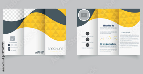 Trifold brochure template with geometric shapes and editable placeholders. Ideal for business promotion, digital marketing, or corporate presentation layouts.