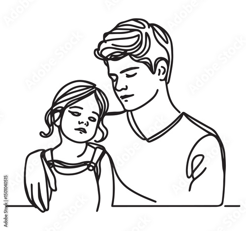 Father Comforting Daughter Line Art Illustration: Single Line Drawing of Parent Supporting Child, Minimalist Family Portrait