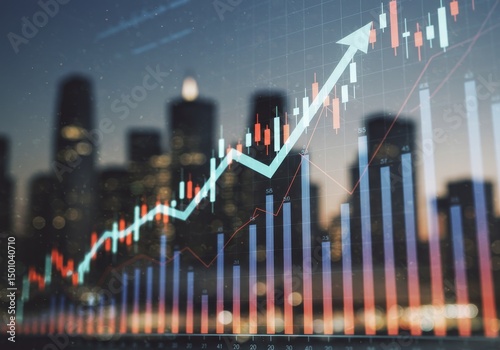 Digital Financial Market Data Analysis With Upward Arrow and City Skyline Photo