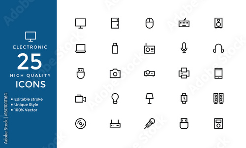 Electronics Icon Set – Wireless Mouse, Socket, Chip, Music Player, Battery, Charger, Speaker & More (Flat Vector Icons)