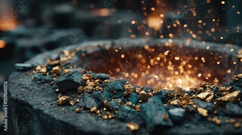 Close-up of glowing molten gold and black ore fragments at a smelting site with sparks flying in the air ideal for mining industry, metallurgy visuals and raw material processing themes