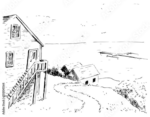 Ink Drawing of a Seaside House – Hand-Drawn Vector Scene. Coastal scene with a chalet bungalow minimal black and white sketch. Textured simple style. 