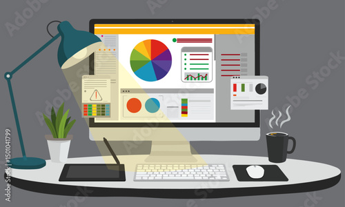 vektor Graphic Designer's Workspace,A clean and modern illustration of a graphic designer's desk setup, featuring a large monitor displaying creative software with colorful charts and graphs a desk 