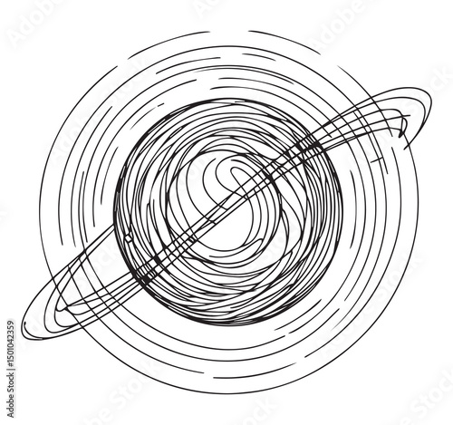 Abstract Line Art Drawing of a Planet with Rings, Circular Orbit Illustration, Black and White Space Art, Minimalist Design