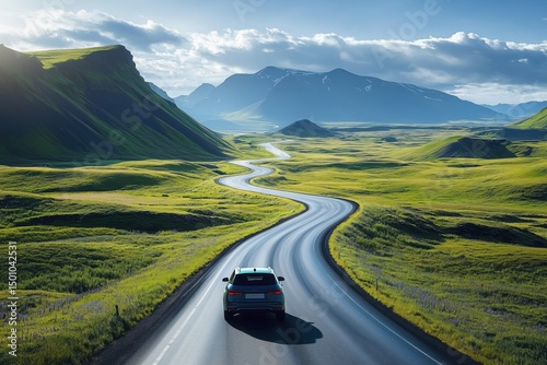 Modern electric suv car driving on a winding asphalt road through a green valley and mountains, traveling and discovering beautiful nature, road trip, wanderlust, summer vacation, exploring iceland