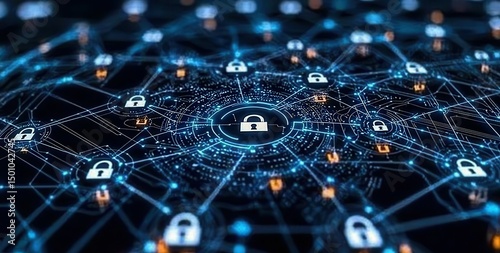 A digital globe with interconnected lines and icons representing a global network, surrounded by white padlock symbols, worldwide protection