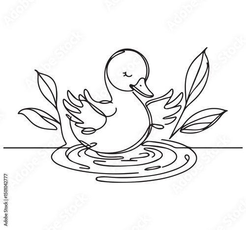 Line Art Duckling in Water: Minimalist Vector Illustration of a Cute Baby Duck with Leaves, One Line Drawing Style for Prints & Decor