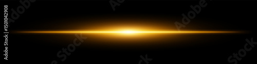 Golden light burst. Horizontal glowing ray with soft edges, shining core, radial beam gradient on black background. Suitable for future, energy, sci-fi, technology, speed, flash.