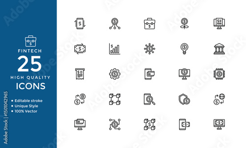 Fintech Line Icons Set – Editable Stroke Vector Collection of Digital Banking, Wallet, Biometric, Cloud Technology, and Payment Symbols