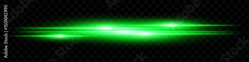 Neon green laser streaks. Horizontal glowing lines in layered burst with radiant centers on black. Ideal for speed, tech, sci-fi, digital, neon, futuristic themes