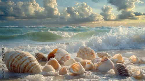 Coastal harmony: Seashells embrace the shoreline under a serene cloudy sky