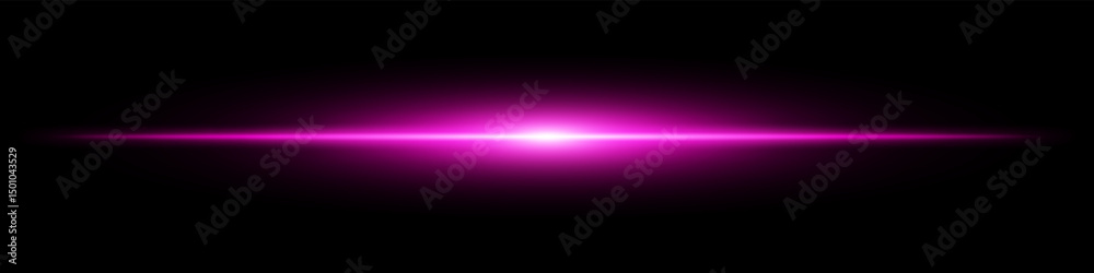 Fototapeta premium Purple light burst. Horizontal glowing ray with soft edges, shining core, radial beam gradient on black background. Suitable for future, energy, sci-fi, technology, speed, flash.