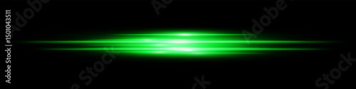 Green energy beam. Bright horizontal streaks with layered glow and radiant effect on black background. Great for power, sci-fi, motion, tech, future design.