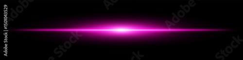 Purple light burst. Horizontal glowing ray with soft edges, shining core, radial beam gradient on black background. Suitable for future, energy, sci-fi, technology, speed, flash.